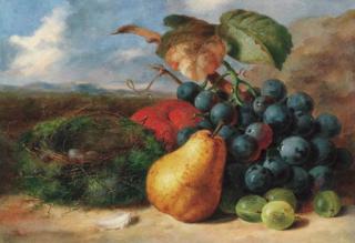 Edward Ladell - Gooseberries, a pear, a peach, grapes and a bird\'s nest, on a bank