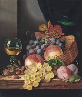 Edward Ladell - Grapes and peaches in a wicker basket, with plums, acorns and a roemer to the side
