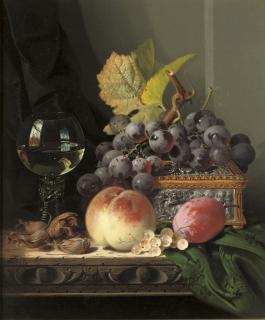 Edward Ladell - Grapes, peaches, a \'Roemer\' and an ornamented silver casket on a wooden, partially draped ledge