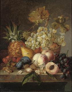 Edward Ladell - Grapes, peaches, cherries, walnuts, hazelnuts, a pear and a pineapple on a ledge