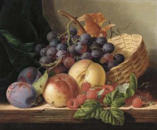 Edward Ladell - Grapes, peaches, raspberries, and plums with a basket on a wooden shelf; and Grapes, plums and raspberries on a mossy bank