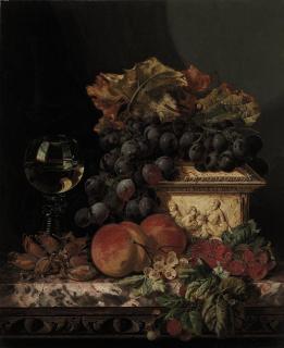 Edward Ladell - Grapes, peaches, raspberries, cob nuts, with a casket and a roemer on a marble ledge