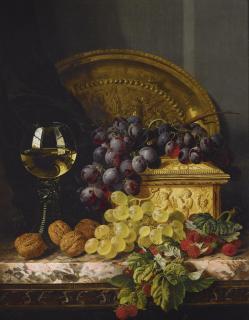 Edward Ladell - Grapes, Raspberries, Walnuts, A Wine Glass, An Ornamental Platter And An Ivory Casket On A Marble Ledge
