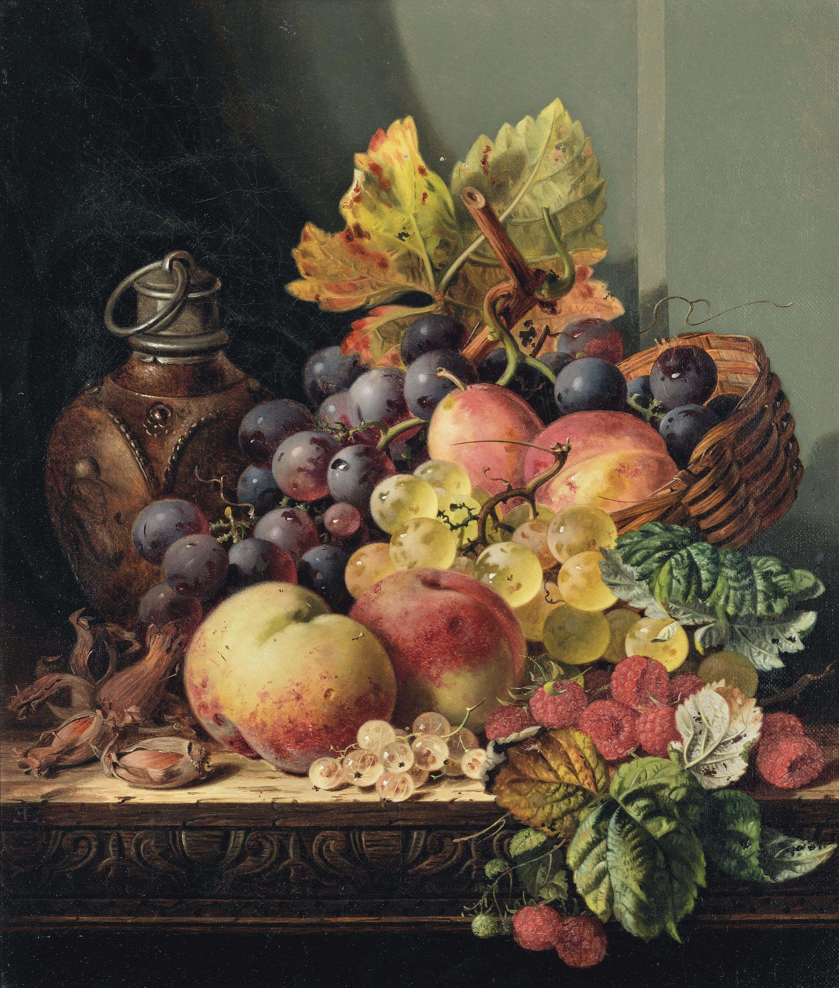 Edward Ladell - Hazelnuts, peaches, grapes, raspberries, and plums on a wooden ledge