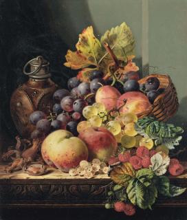 Edward Ladell - Hazelnuts, peaches, grapes, raspberries, and plums on a wooden ledge