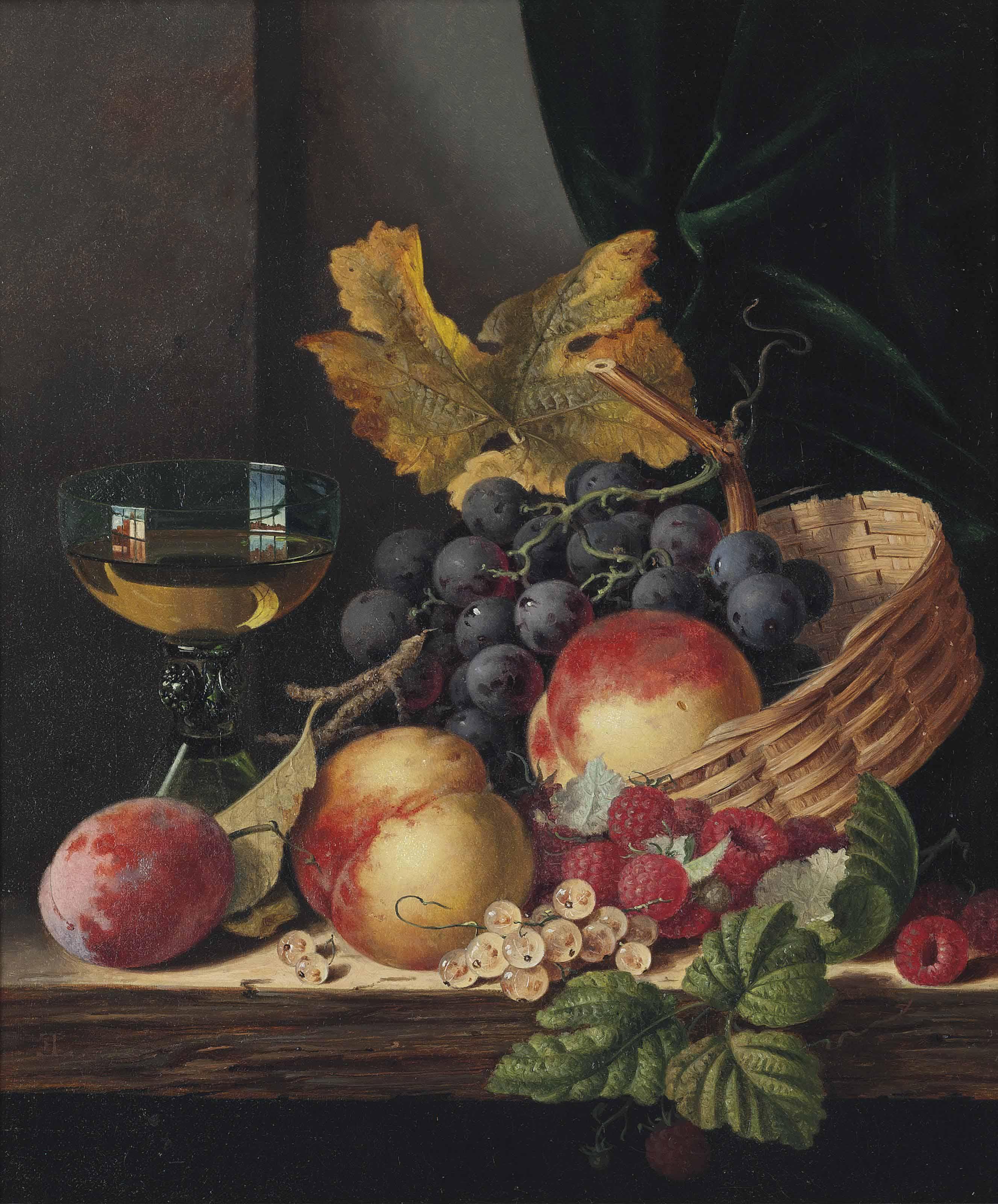 Edward Ladell - Peaches, plum, grapes, raspberries and white currants on a wooden ledge, with a wine glass