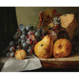 Edward Ladell - Pears, Grapes, A Greengage, Plums, A Stoneware Flask And A Wicker Basket On A Wooden Ledge