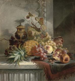 Edward Ladell - Pineapple, Grapes, Plums, Pomegranate, Peaches On A Silver Tray, On A Marble Ledge