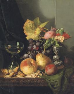 Edward Ladell - Plums, raspberries and white currants in a tazza, with black grapes, a peach, a pear, whitecurrants, plums and hazelnuts on a draped wooden table, with a roemer
