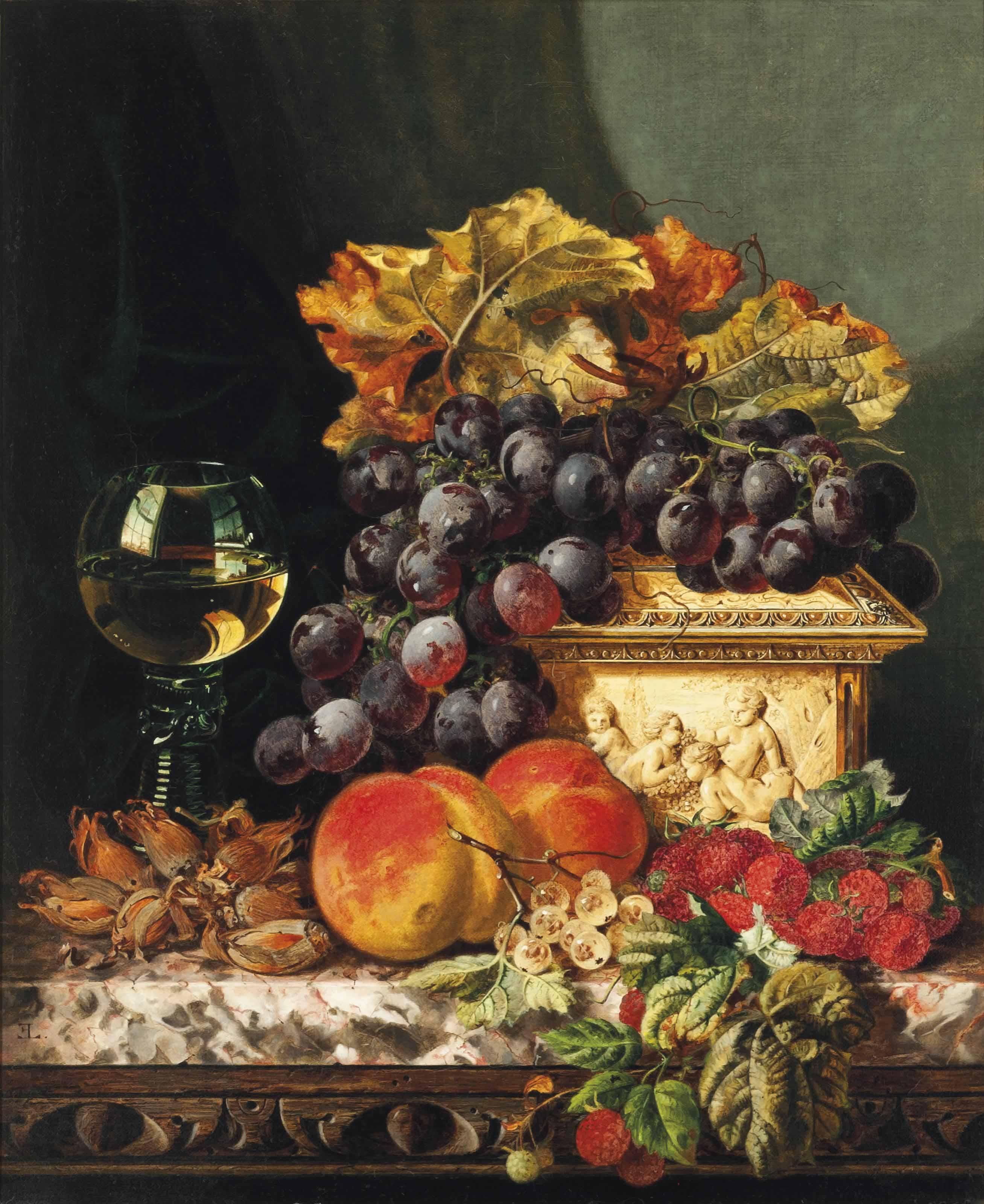 Edward Ladell - Red Grapes, Raspberries, Peaches, Whitecurrants And Hazelnuts, With An Ivory Casket And Roemer To The Side, On A Marble Ledge