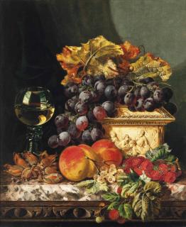Edward Ladell - Red Grapes, Raspberries, Peaches, Whitecurrants And Hazelnuts, With An Ivory Casket And Roemer To The Side, On A Marble Ledge