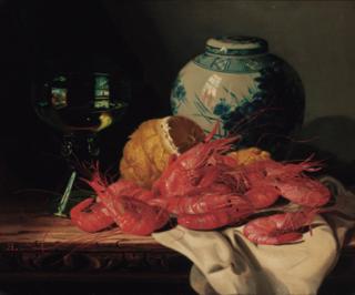 Edward Ladell - Shrimps, a peeled lemon, a glass of wine and a blue and white ginger jar, on a draped table