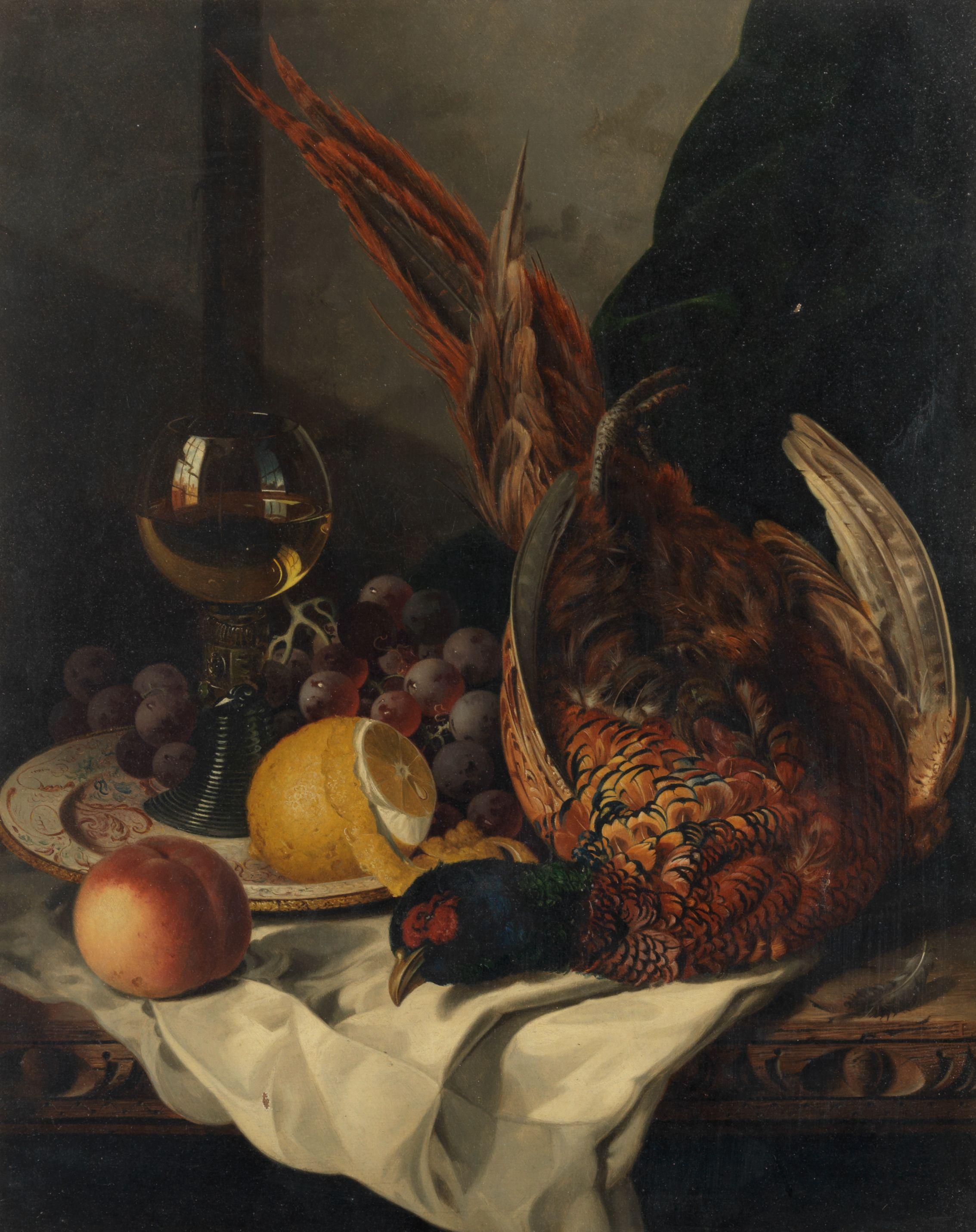 Edward Ladell - Still life of a pheasant, a wine glass and fruit