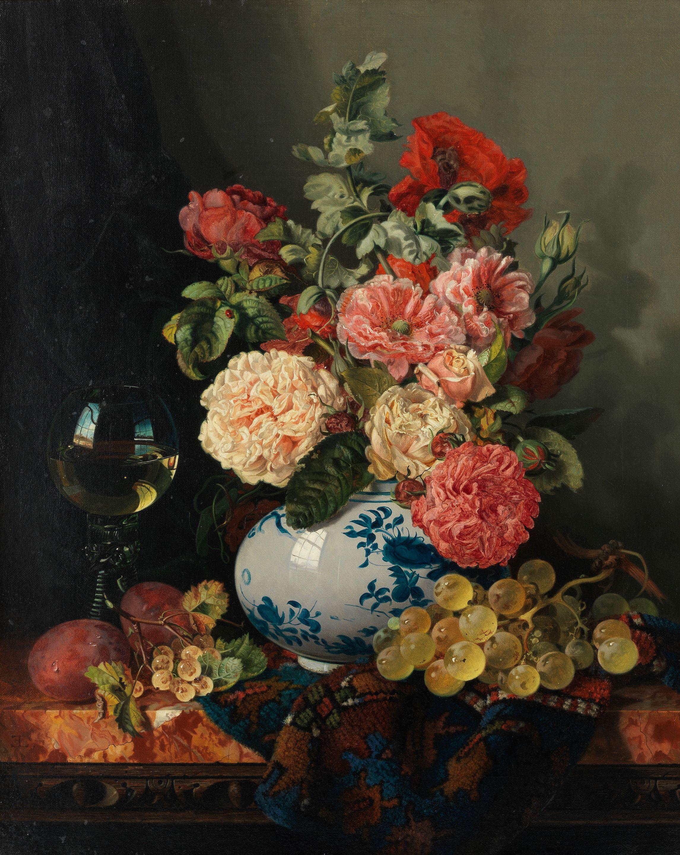 Edward Ladell - Still life of a wine glass with a vase of poppies and roses