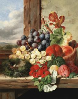 Edward Ladell - Still Life Of Fruit And A Bird\'S Nest On A Window Ledge