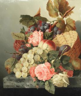 Edward Ladell - Still Life Of Fruit And Flowers On A Grey Marble Ledge