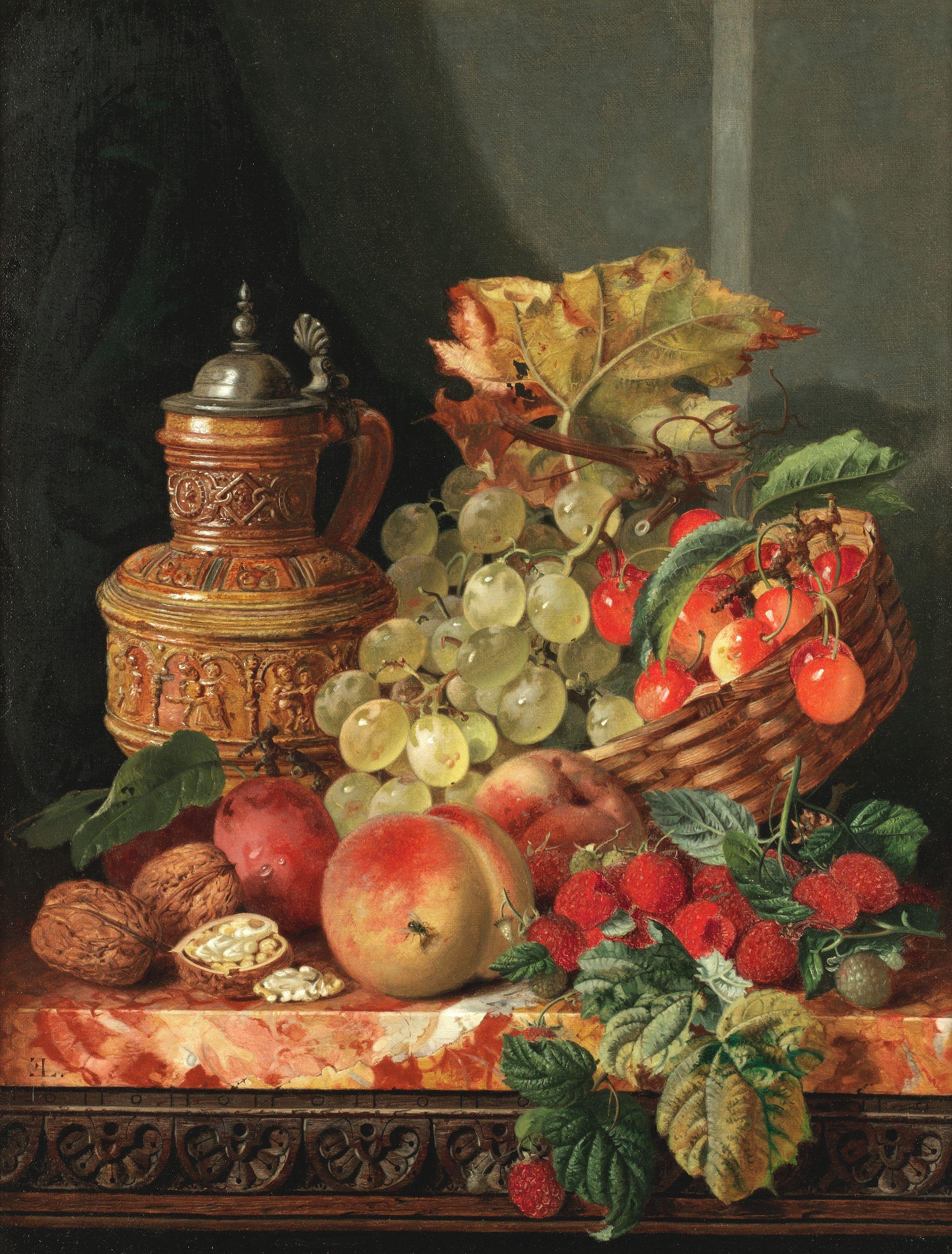Edward Ladell - Still Life Of Fruit, Nuts And A Drinking Vessel