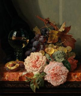 Edward Ladell - Still Life Of Fruit, Roses And A Wine Glass