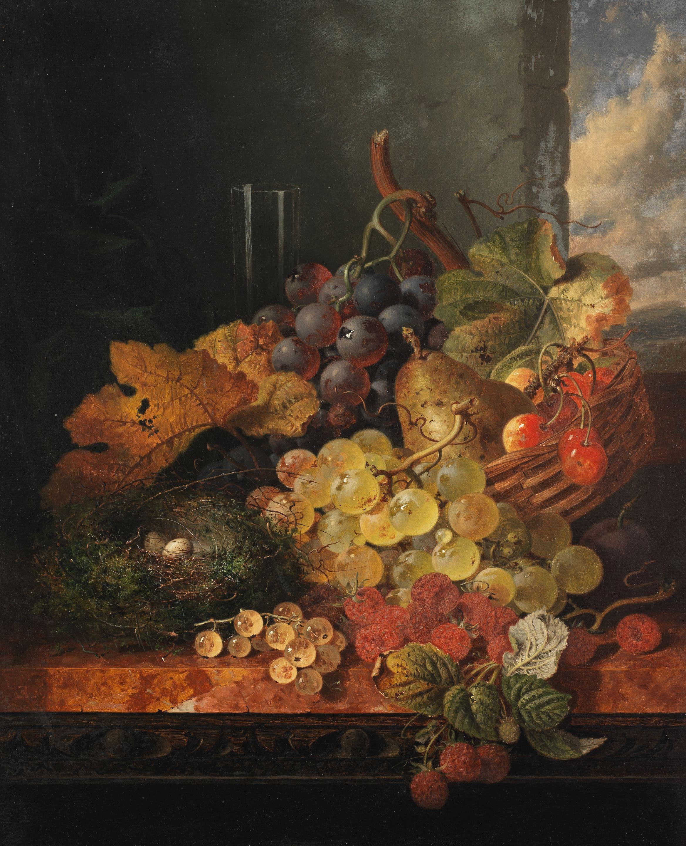 Edward Ladell - Still life of grapes, bird\'s nest, pear and cherries in a basket; Still life of roses, grapes and a bird\'s nest each 39 x 31cm (15 3/8 x 12 3/16in)