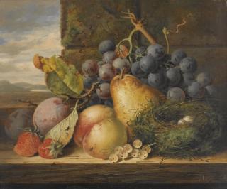 Edward Ladell - Still Life With A Bird\'S Nest, A Pear, A Peach, Grapes, Strawberries And Plums