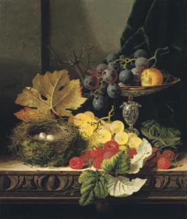 Edward Ladell - Still life with a bird\'s nest, black and white grapes, a greengage in a tazza, and some raspberries, on a wooden ledge