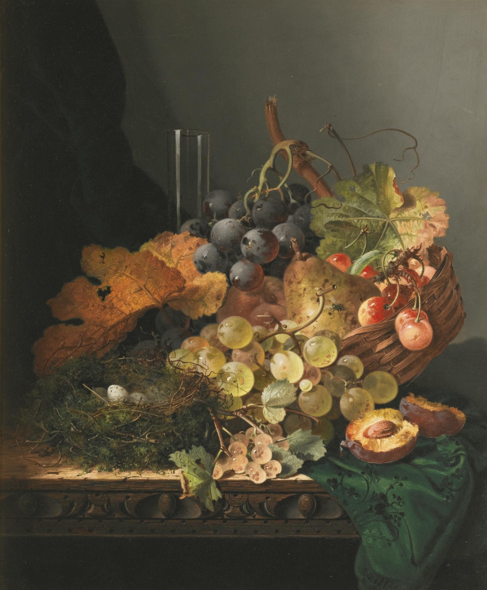 Edward Ladell - Still Life With A Bird\'S Nest, Peaches And A Glass Vase With Bunches Of Cherries And Grapes In A Basket