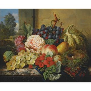 Edward Ladell - Still Life With Grapes, Raspberries, A Peach, Pear And Plums With A Bird\'S Nest On A Marble Table