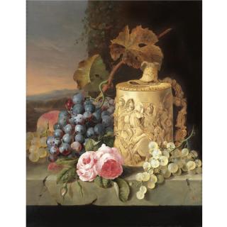 Edward Ladell - Still Life With Grapes, Roses And A Stein On A Marble Ledge