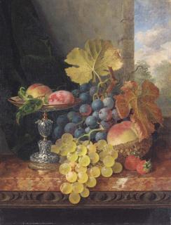 Edward Ladell - Still life with plums in a silver tazza, a peach, black and white grapes in a basket, and strawberries on a marble ledge
