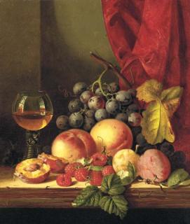 Edward Ladell - Still Life With Plums, Peaches, Black Grapes, Raspberries, And A Roemer
