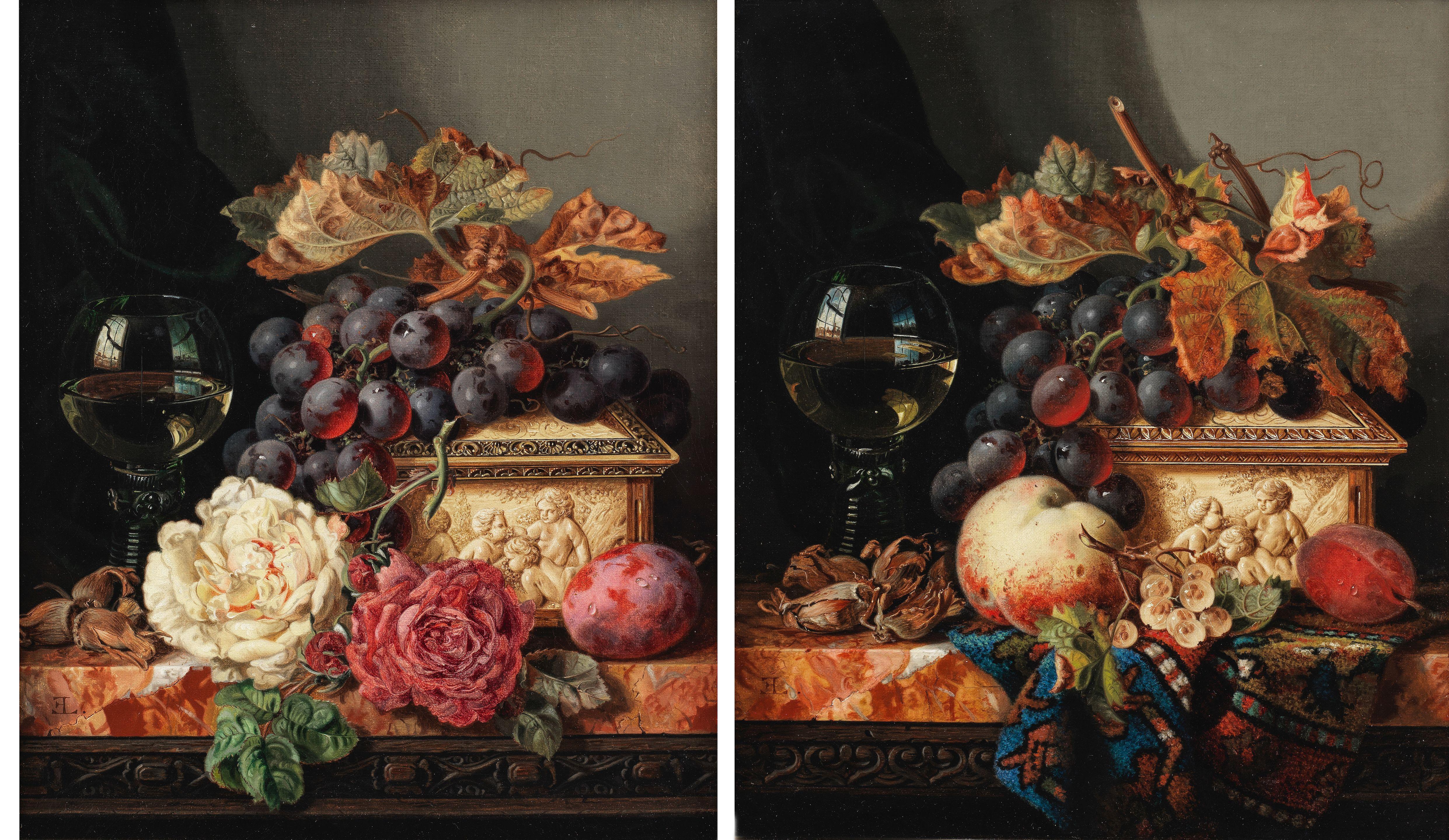 Edward Ladell - Still lives of fruit with a roemer and an ivory casket on a marble ledge each 35.6 x 30.7cm (14 x 12in). (2)