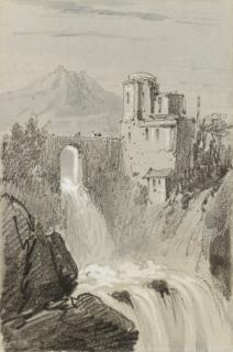 Edward Lear - A Castle By A Waterfall With A Mountain Beyond