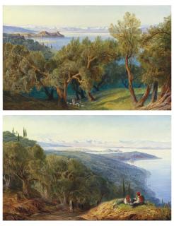 Edward Lear - Corfu from the village of Ascension; and Corfu from the Benitza Road, on the hill of Gastouri