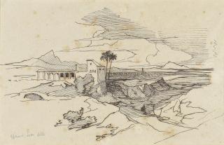 Edward Lear - Italian Landscape with palm trees and an aqueduct beyond