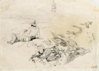 Edward Lear - Study of figures and foliage at Frascati