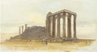 Edward Lear - The Temple of Olympian Zeus with the Acropolis beyond, Athens