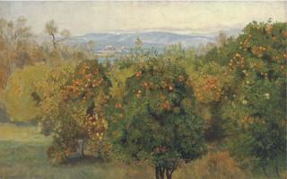 Edward Lear - View of The Citadel, Corfu, with an orange grove in the foreground