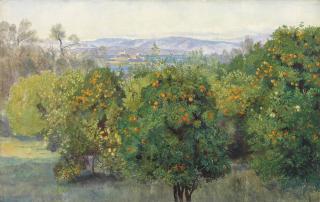 Edward Lear - View of the Citadel, Corfu, with an orange grove in the foreground
