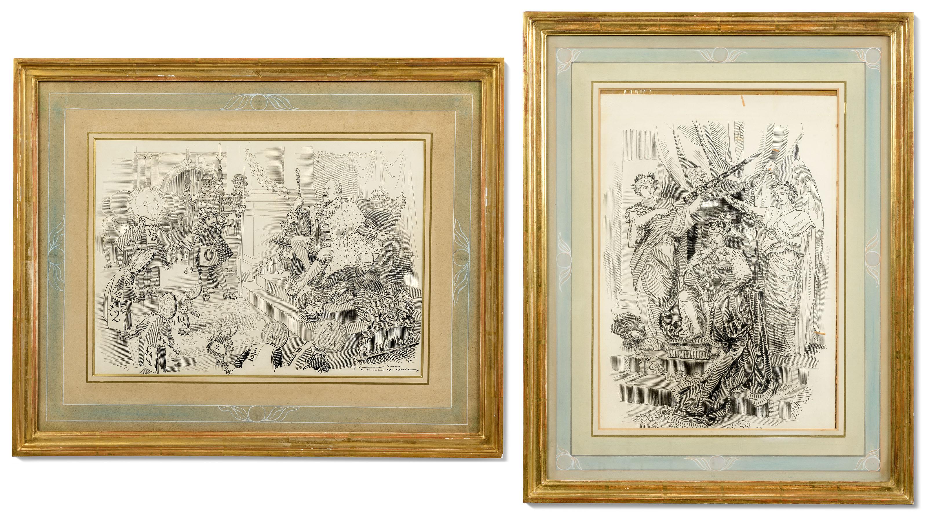 Edward Linley Sambourne - Design for \'The King of all the Britains!\', published in Punch, 1 January 1902 (i) and another cartoon design of King Edward VII (ii)