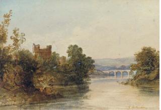 Edward Martindale Richardson, A.N.W.S. - Castle Ruins On The Banks of A River, A Bridge Beyond
