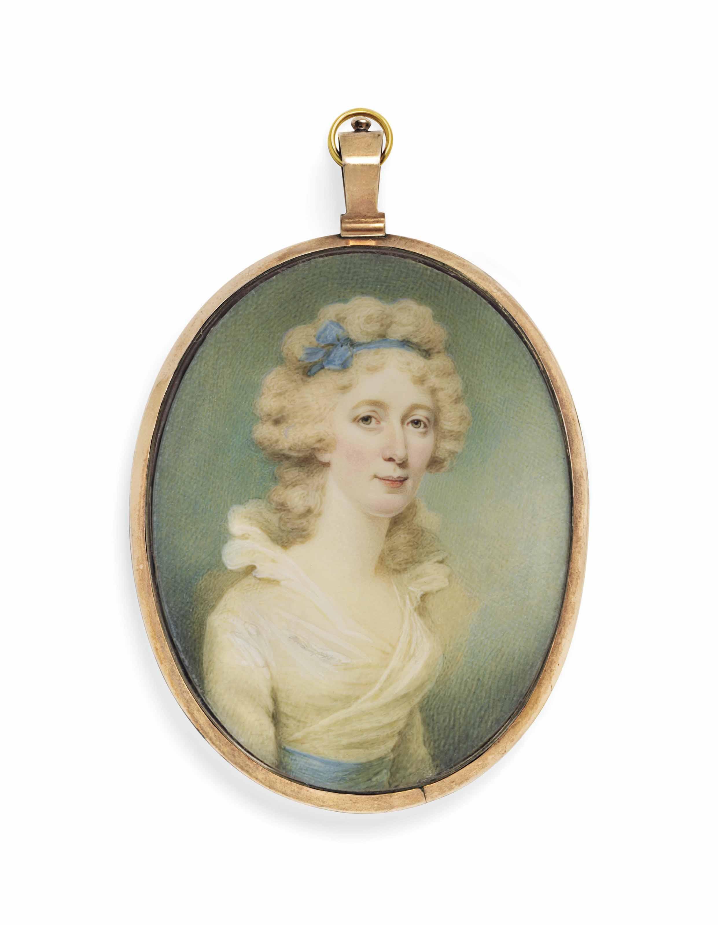Edward Miles - A Lady Called Mrs Merry, In White Dress With Frilled Collar And Blue Sash, Blue Bandeau In Her Powdered Curling Hair; Sky Background