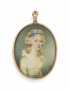Edward Miles - A Lady Called Mrs Merry, In White Dress With Frilled Collar And Blue Sash, Blue Bandeau In Her Powdered Curling Hair; Sky Background