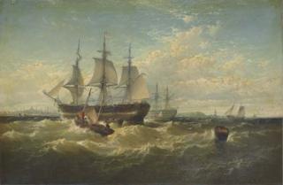 Edward Moran - A packet ship backing sails in outer Boston harbor