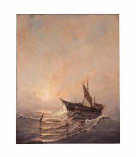 Edward Moran - Ship amongst wreckage near New Castle harbor