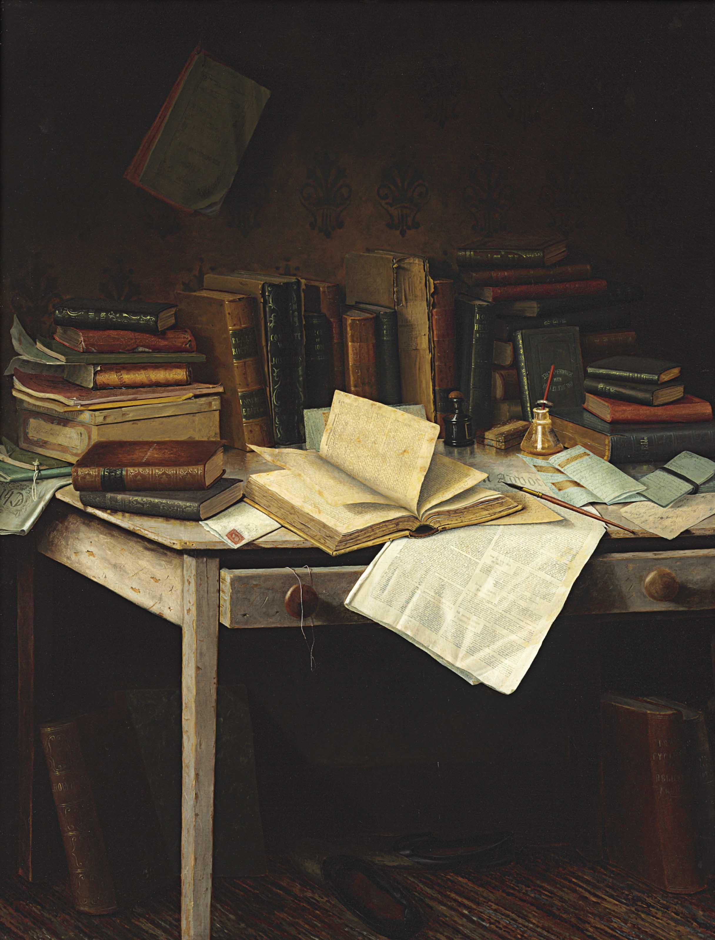 Edward Norton Griffith - Still Life of Books, Brush, Inkwell and a Pen on a Table