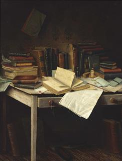 Edward Norton Griffith - Still Life of Books, Brush, Inkwell and a Pen on a Table
