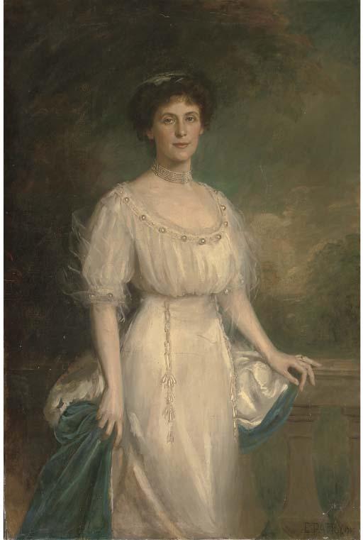 Edward Patry, R.B.A. - Portrait of A Lady, Three-Quarter-Length, In A White Dress And Ermin Trimmed Cloak
