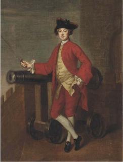 Edward Penny, R.A. - Portrait of An Officer, Small Full-Length, On A Battlement, Resting His Arm On A Canon