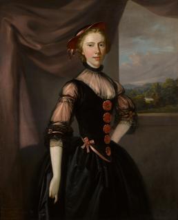 Edward Penny, R.A. - Portrait of Catherine Whitmore (1722–1800), aged 29, three-quarter-length, wearing a black dress with red rosettes, with a landscape in the distance