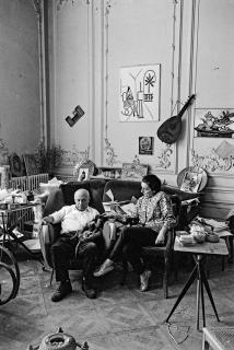 Edward Quinn - \'Pablo Picasso And Jacqueline (She Is Wearing A Blouse Made From A Textile Designed By Pablo Picasso) With Dachshund Ma Jolie. La Californie, Cannes\', 1961